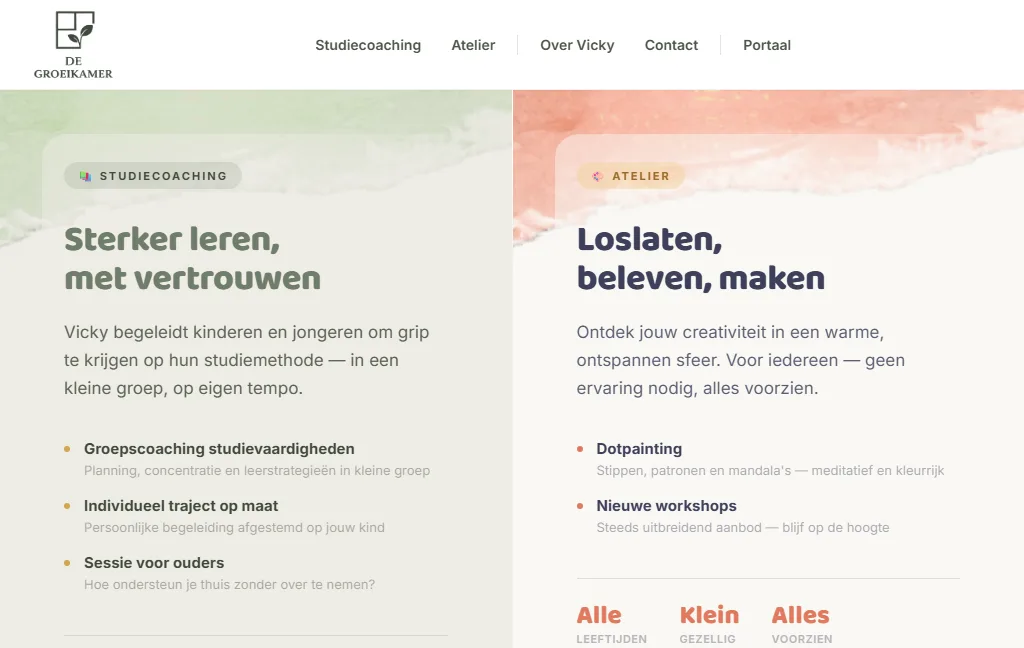 De Groeikamer, a study-coaching practice website built with AI